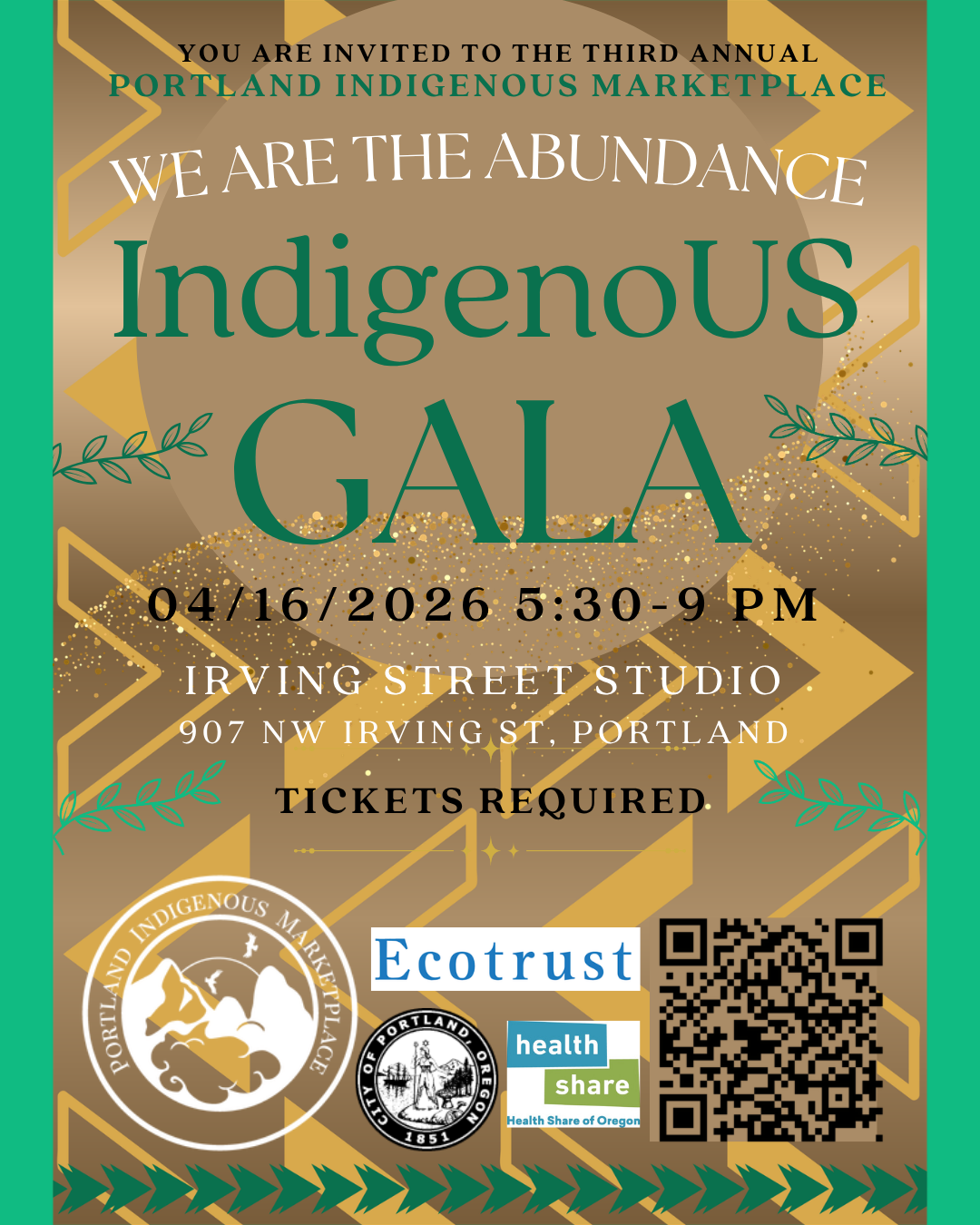 The other graphic features the title “IndigenoUS Gala” in bold, elegant lettering, with the theme “We Are The Abundance” highlighted prominently near the top. Rich, warm colors inspired by earth tones and abundance across the background, incorporating subtle patterns and motifs.♿️ Accessibility Info: The event will be held at an ADA-accessible venue with a ramped entrance through the parking lot, located right next to the ADA parking spaces — so all guests can join comfortably and easily. 📍 Location: 907 NW Irving St, Portland, OR 97209 Support Indigenous and Black artists, celebrate unity, and maybe snag a major prize along the way. Let’s make IndigenoUS Gala 2026 one to remember! 🌟 Link to purchase Mystery Pulls, Tickets and Register to Bid: https://Gala26.fundraiser